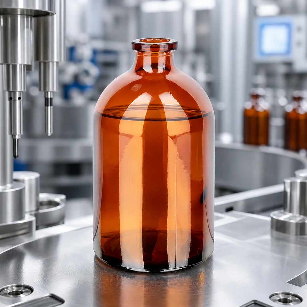 Braunglas Injektionsflasche 100ml mit breitem Bauch und schmalem Rollrandhals in Serienproduktion
