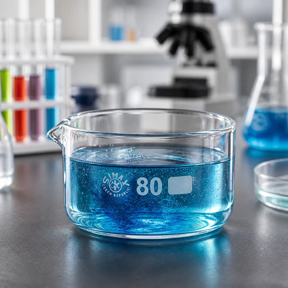150ml Kristallisierschale mit Ausguss Borosilikat ø80mm SIMAX Laborglas 150ml Kristallisierschale mit breitem Boden und Ausguss im Laborumfeld ø80mm