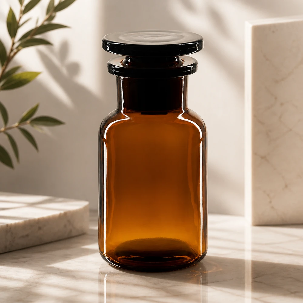 Runde Vorratsflasche 100ml Braunglas breite Öffnung Glasstopfen für Naturkosmetik
