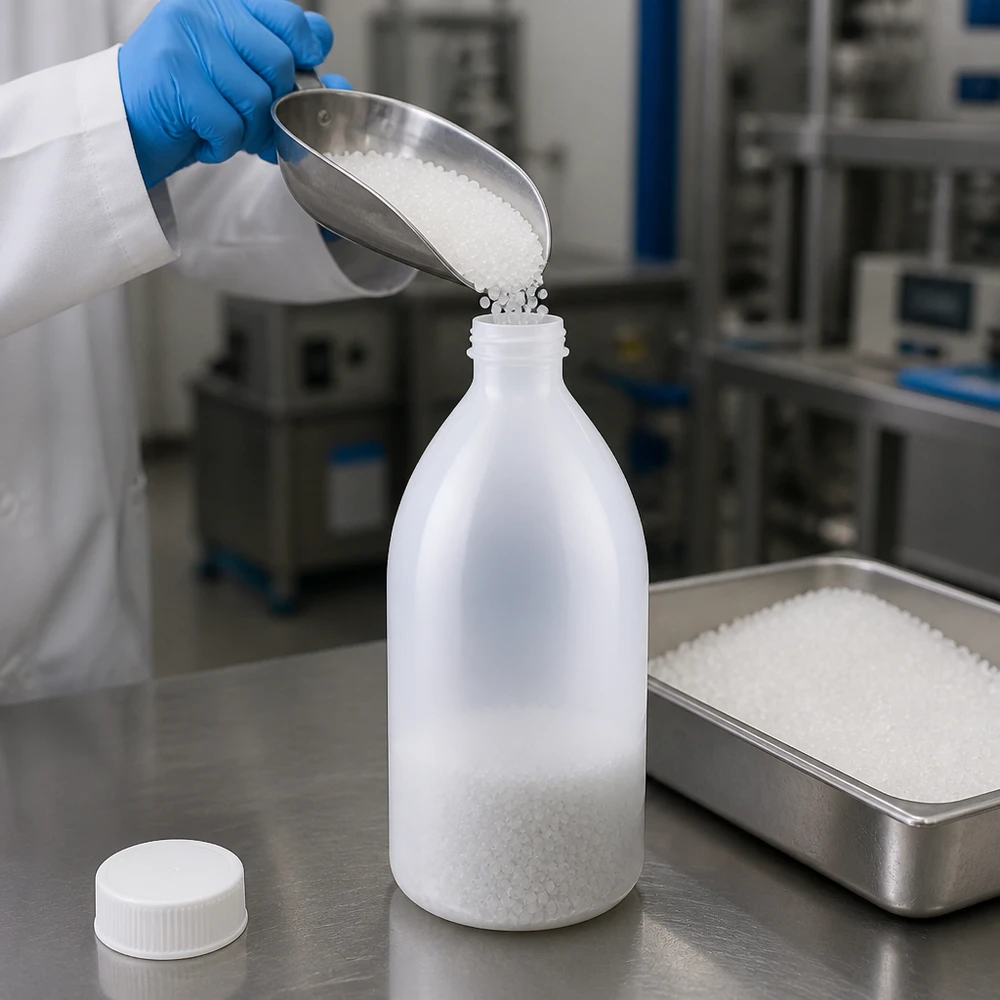 Befüllung einer 1000ml Enghals Laborflasche mit weißem Granulat mittels Edelstahlschaufel