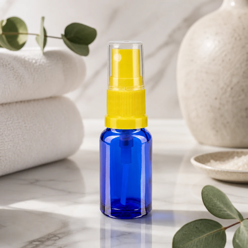 Apothekenflasche blau 30ml Sprayaufsatz gelb Blaue UV-Schutz Glasflasche 30ml mit gelbem Sprühaufsatz zur sicheren Aufbewahrung von Wirkstoffen