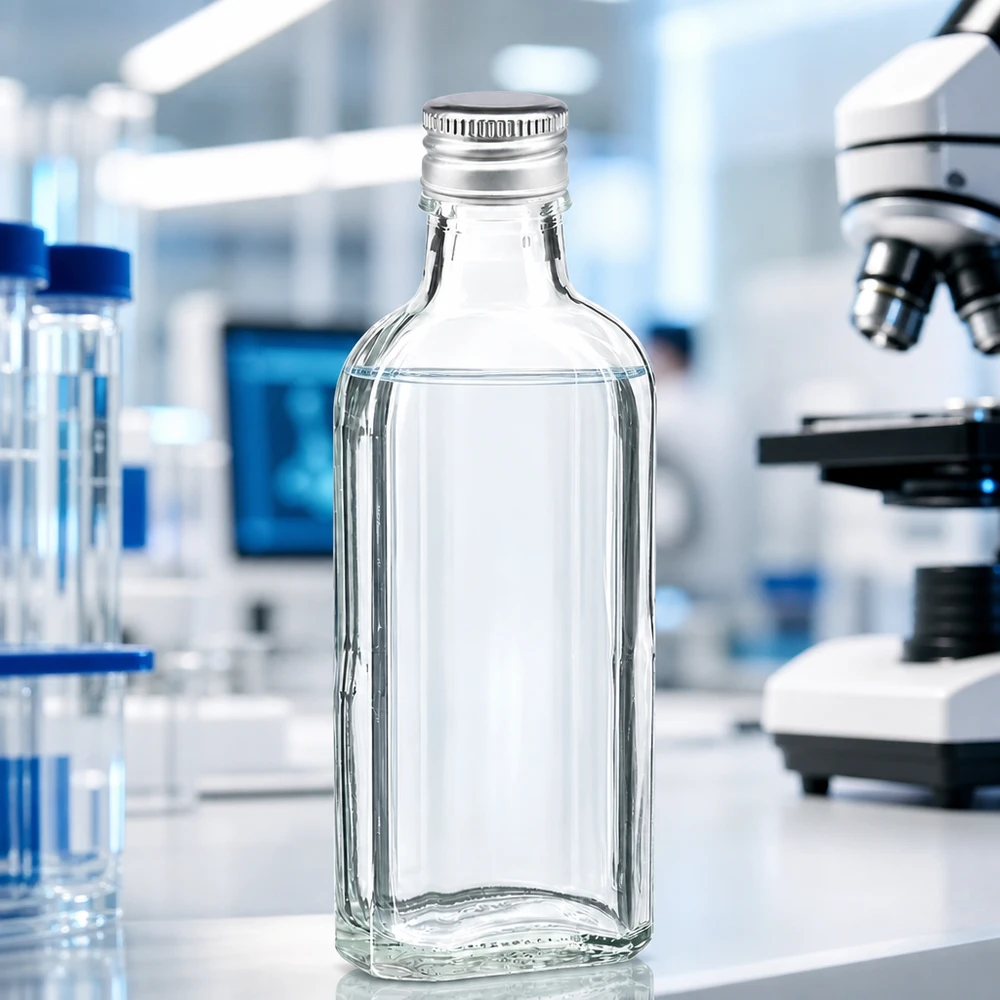 Rechteckige 100ml Klarglasflasche Meplat mit silbernem Aluminiumverschluss PP22 auf weißem Untergrund