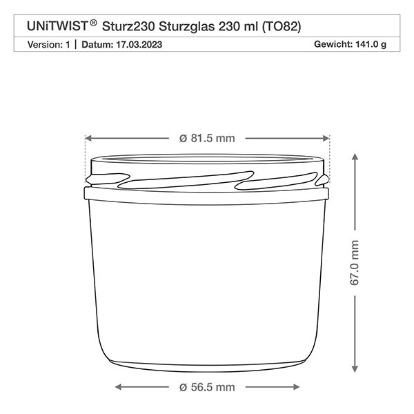 230ml Sturzglas + BasicSeal Deckel Bienenwabe UNiTWIST Technische Zeichnung 230ml Sturzglas mit Maßangaben und Gewicht für präzise Küchenplanung und Aufbewahrung