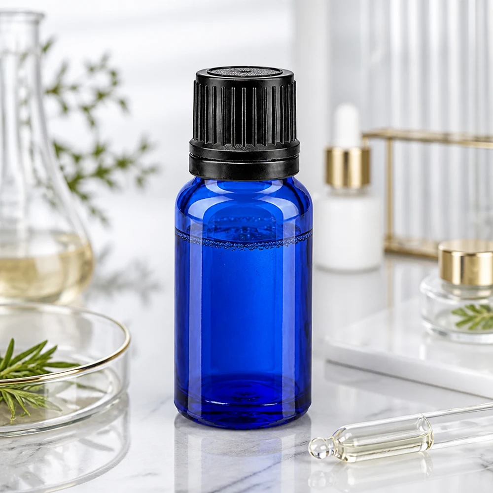 Apothekenflasche blau 10ml Tropfverschluss Giessring 1mm schwarz Originalitätsverschluss Pharmaglasflasche 10ml in Kobaltblau mit 1mm Präzisionstropfeinsatz und schwarzem OV-Deckel