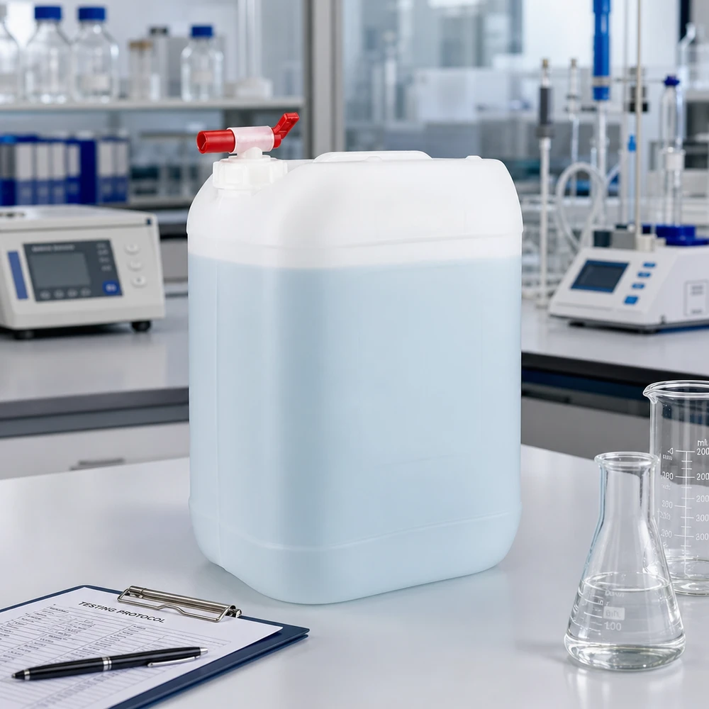 Großer Flüssigkeitskanister 25 Liter mit Absperrhahn für sichere Chemikalienaufbewahrung im Labor