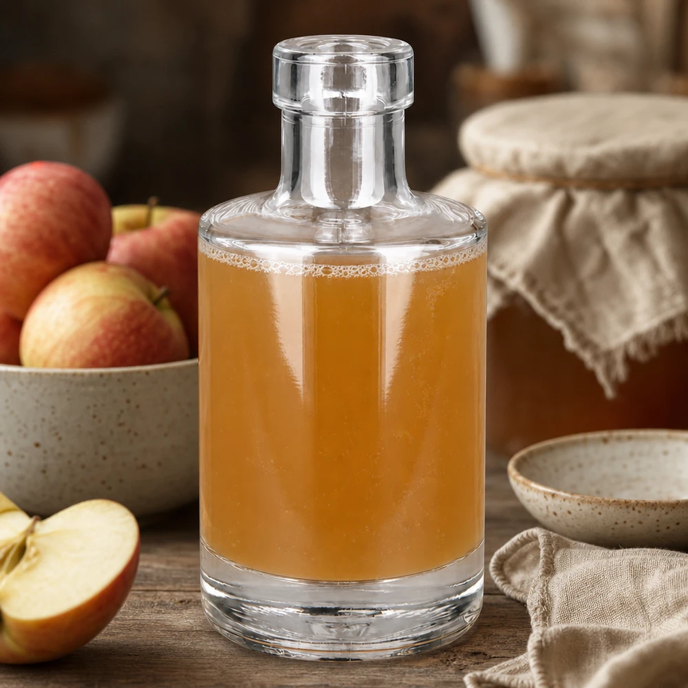Glasflasche Marie 200ml mit Apfelsaft befüllt natürliche Küchenszenerie frische Äpfel Dekoration Anwendungsbeispiel