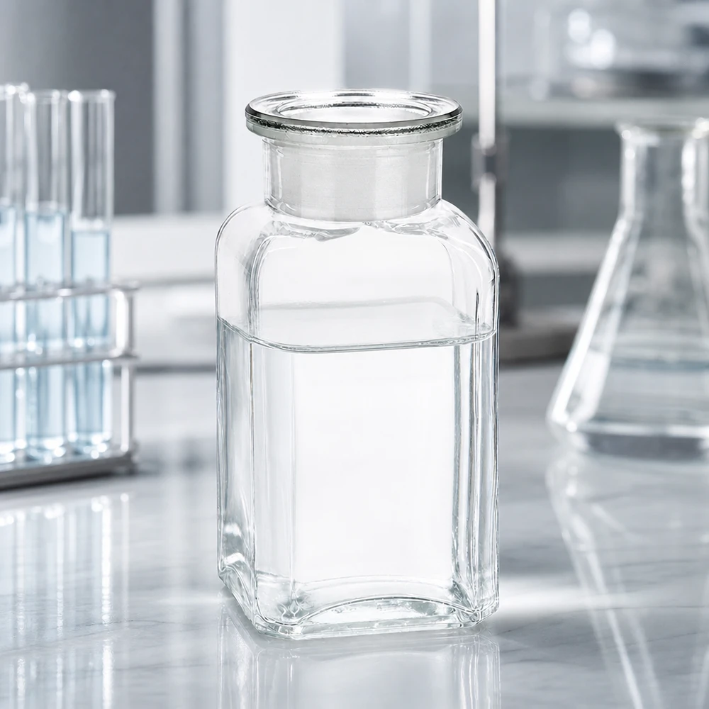 Eckige Glasflasche 100ml klar mit breiter Öffnung und Glasstopfen neben Erlenmeyerkolben