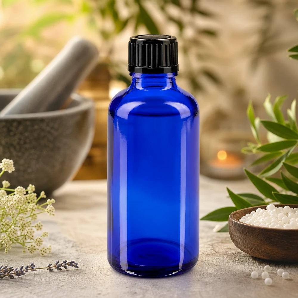 Apothekenflasche blau 50ml Schraubverschluss schwarz Standard Kobaltblaue 50ml Flasche aus Apothekerglas neben weißen Homöopathiekügelchen in Holzschale