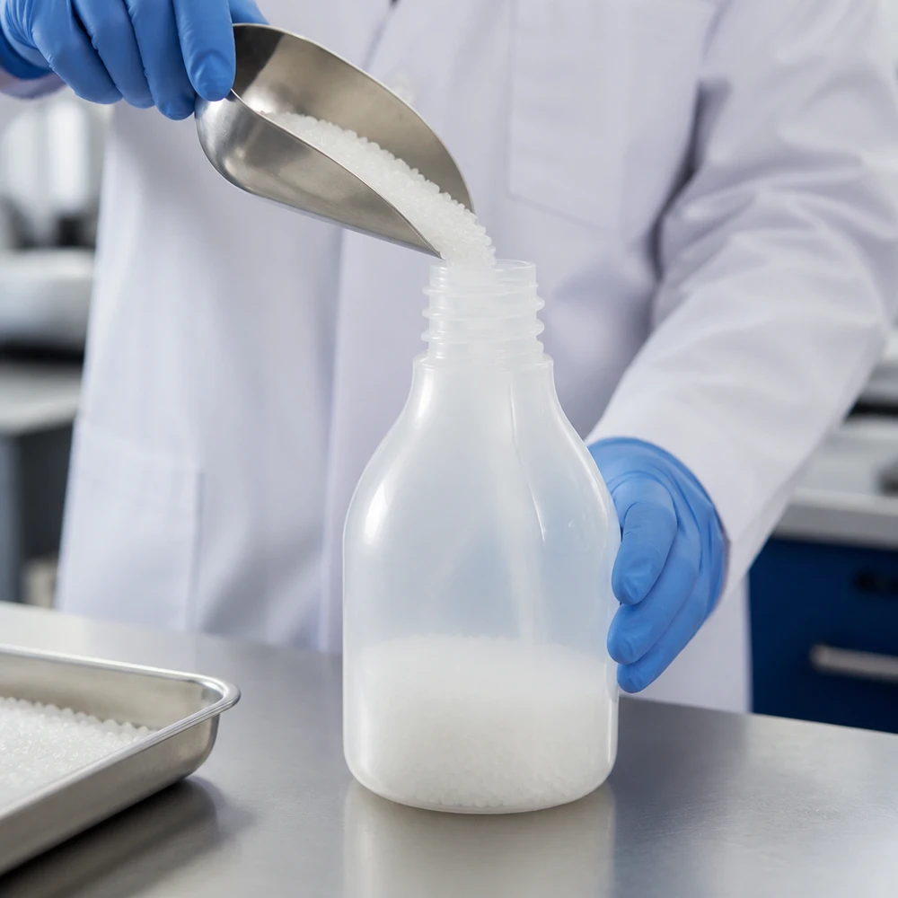 Laborantin mit blauen Nitrilhandschuhen befüllt 30ml Enghals Laborflasche ohne Verschluss