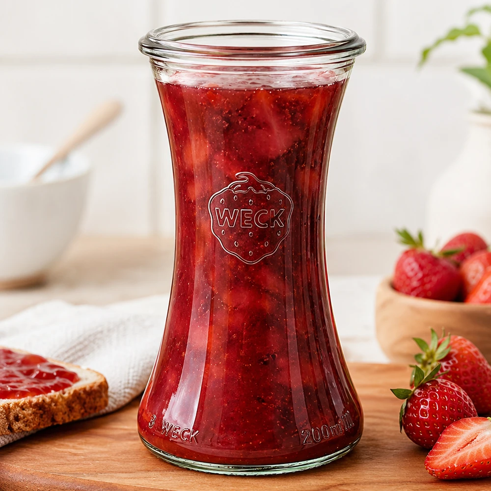 WECK RR60 Delikatessenglas 200ml mit roter Erdbeermarmelade gefüllt neben frischen Erdbeeren und Brot mit Aufstrich
