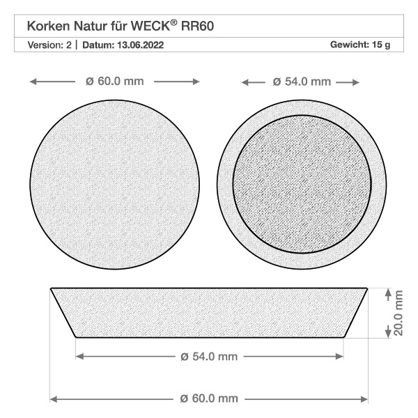 220ml Tulpenglas WECK RR60 mit Korken natur Technische Zeichnung Korken Natur für WECK RR60 Glas mit Maßangaben 60mm Durchmesser 15g Gewicht Produktspezifikation
