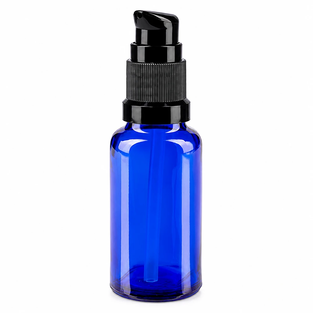 Apothekenflasche blau 20ml PumpVerschluss schwarz Standard Kobaltblaue 20ml Pumpflasche STD aus UV-Schutzglas mit ergonomischem schwarzem Pumpspender