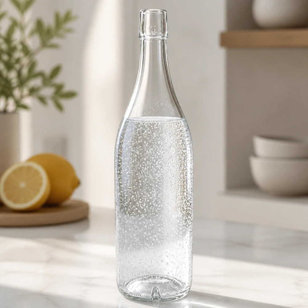 1000ml Glasflasche ohne Bügelverschluss UNiTWIST® Glasflasche 1000ml UNiTWIST mit Sprudelwasser gefüllt Küchencounter Zitronen moderne Kücheneinrichtung hell