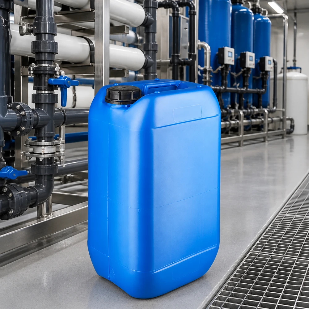 Kanister 15 Liter blau mit Schraubverschluss Originalitätsverschluss Robuster Kanister 15L blau mit schwarzem Schraubdeckel in chemischer Industrieanlage