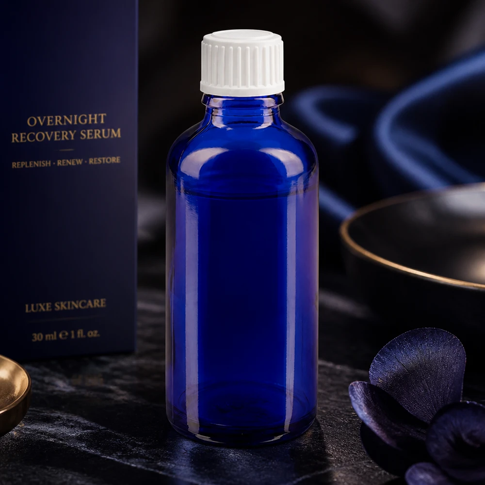 Blaue 30ml Apotheker-Glasflasche mit weißem STD-Tropfverschluss 0.9mm für Hautpflegeprodukte