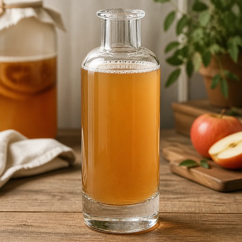 200ml Glasflasche "Ella" ohne Verschluss UNiTWIST 200ml Glasflasche Ella mit Apfelsaft gefüllt auf Küchentisch neben frischen Äpfeln zeigt vielseitige Küchennutzung