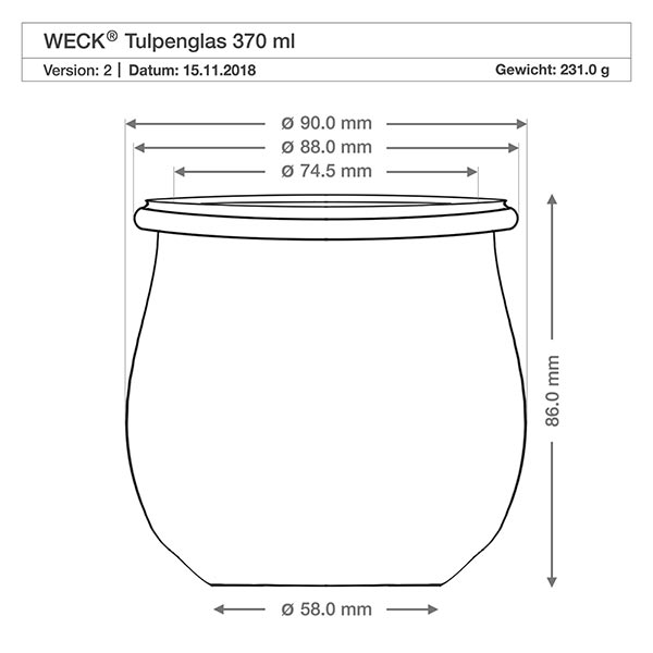 370ml Tulpenglas komplett WECK RR80 Technische Zeichnung WECK Tulpenglas RR80 370ml mit Maßangaben und Produktspezifikationen, Gewicht 231g