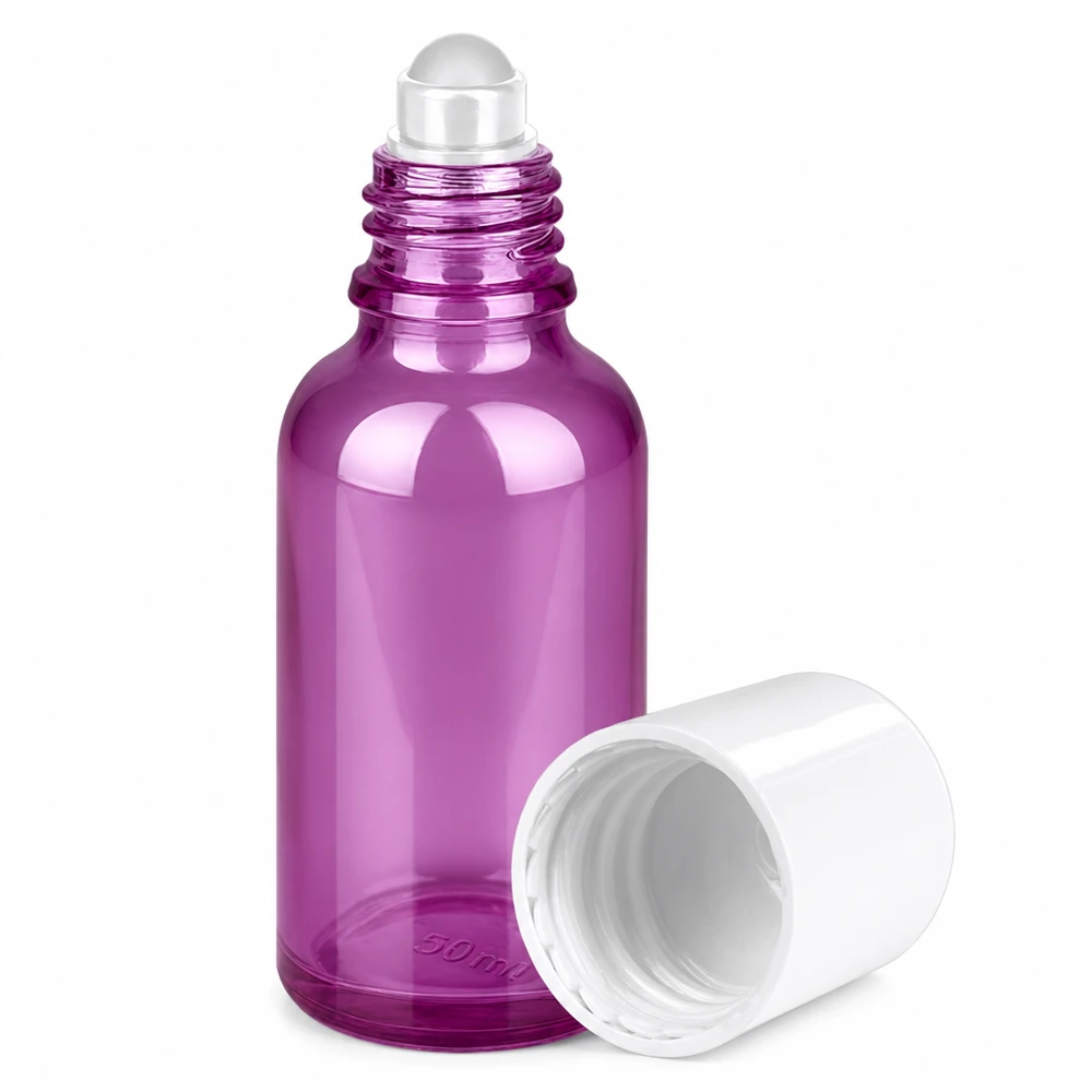 30ml Roll-On Flasche weiss Standard PurpleLine UT18/30 Kompakte 30ml Roll-On Flasche in Violett mit Metallkugel für punktuelle Produktauftragung