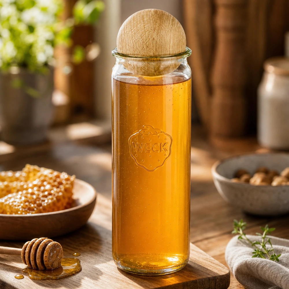 WECK 600ml Zylinderglas RR60 mit Honig befüllt und Bucheholzkugel Deckel auf Holzbrett mit Waben dekoriert