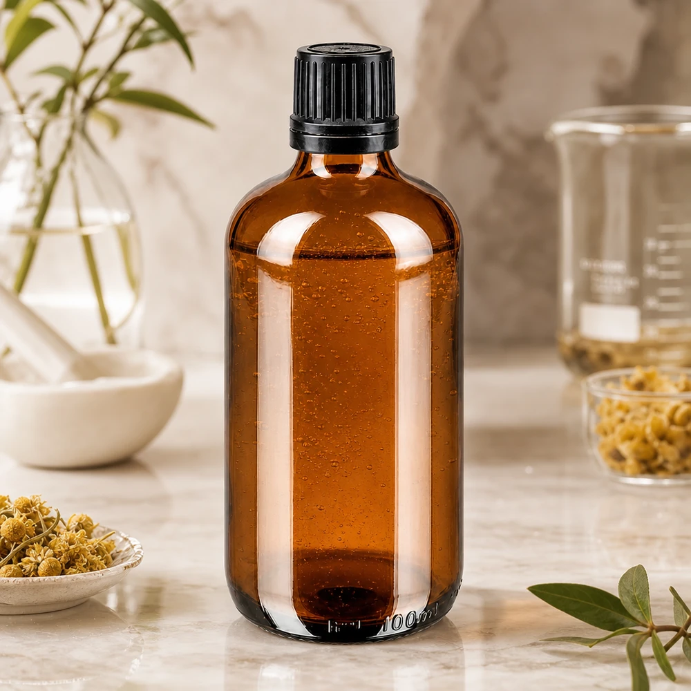 Apothekenflasche braun 100ml Schraubverschluss schwarz Giessring Originalitätsverschluss 100ml Braunglas-Apothekenflasche mit kindersicherem OV-Deckel auf Marmoroberfläche mit Heilkräutern