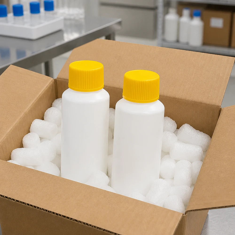 HDPE Flaschen 30ml weiß gelber Schraubverschluss kindersicher geschützt in Transportverpackung