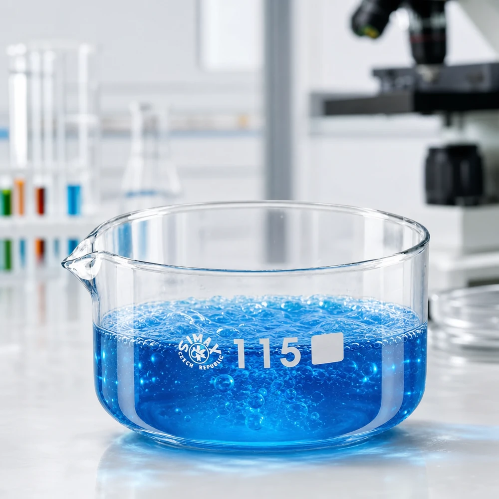 Borosilikatglas Schale 115mm Durchmesser mit sprudelnder blauer Lösung auf Labortisch 500ml