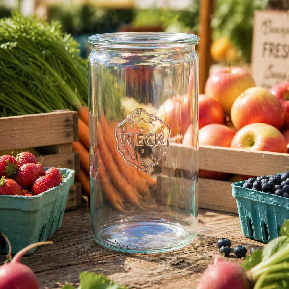 WECK RR100 Zylinderglas 1590ml leer auf Holztisch umgeben von frischem Obst Beeren und Gemüse in Marktatmosphäre