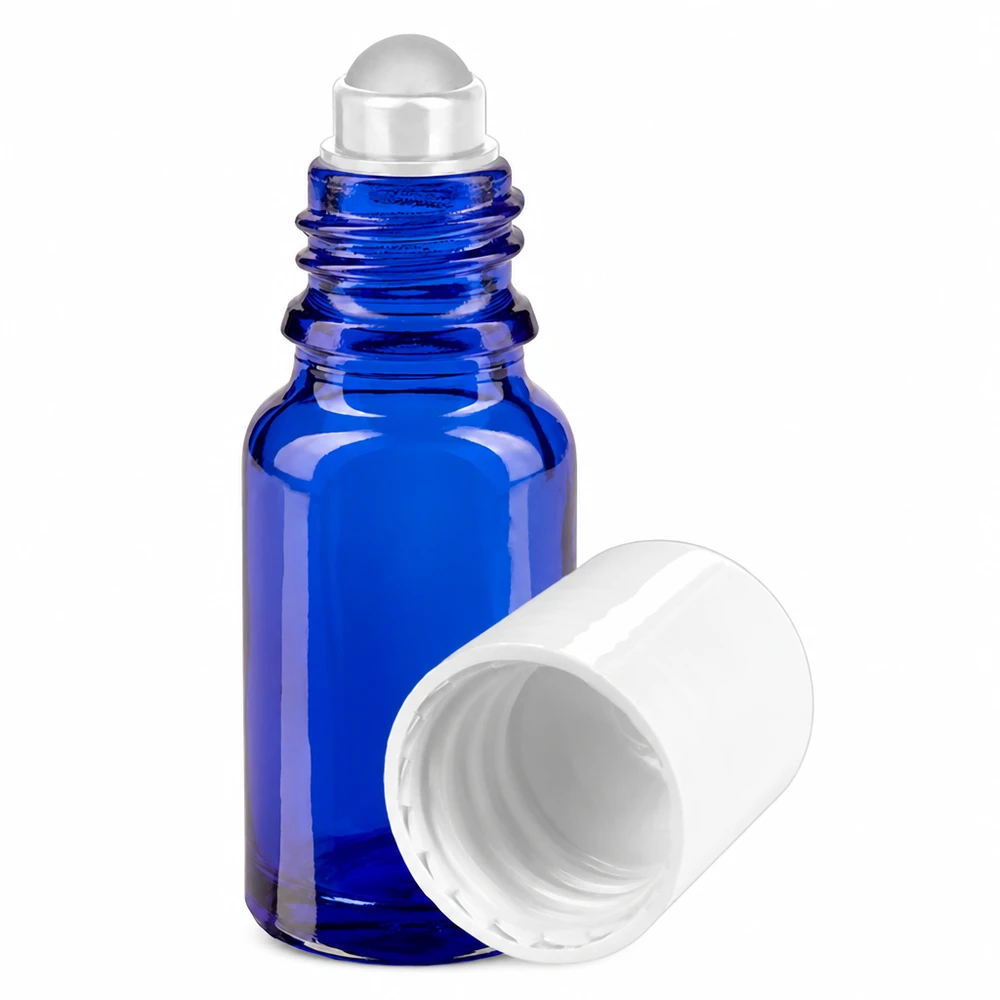 Apothekenflasche blau 10ml Roll-On Verschluss weiß Kobaltblaue Glasflasche 10ml mit Roll-On Aufsatz und weißer Schutzkappe für ätherische Öle