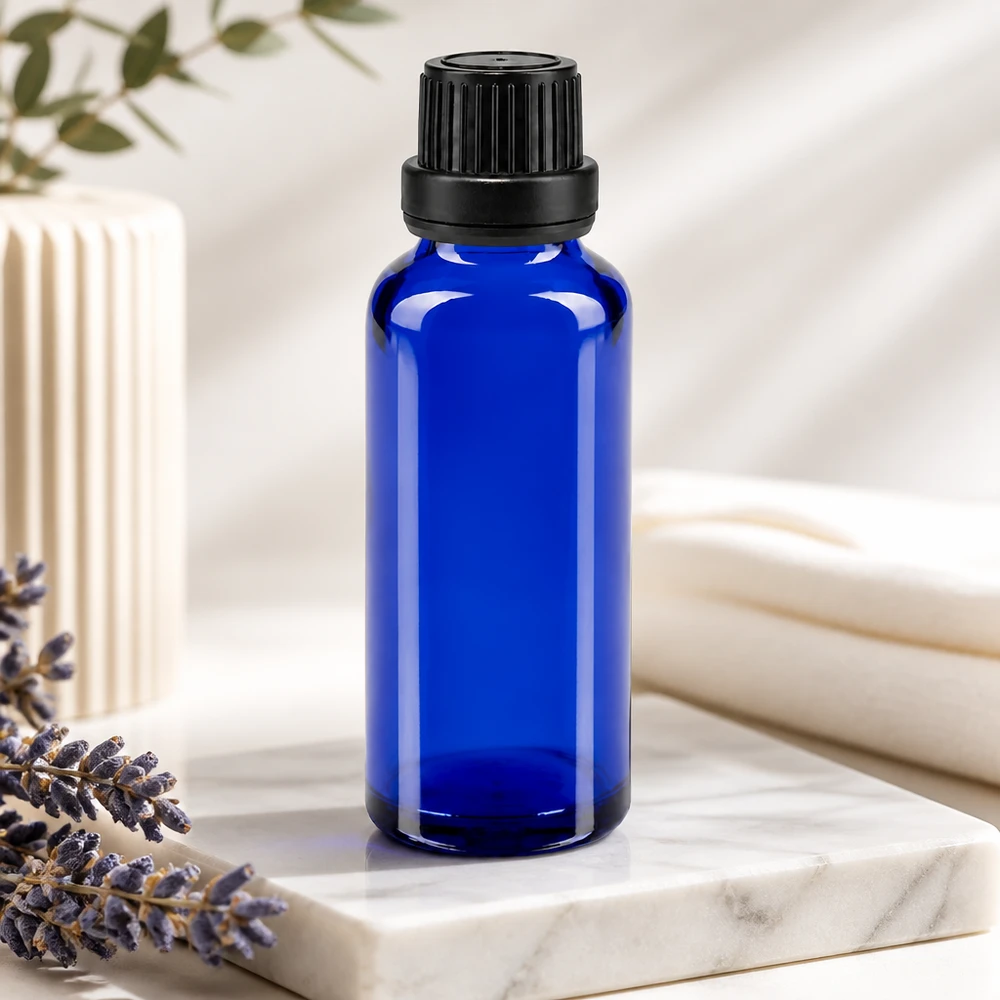 Kobaltblaue Glasflasche 30ml mit schwarzem Schraubdeckel für Aromatherapie und ätherische Öle