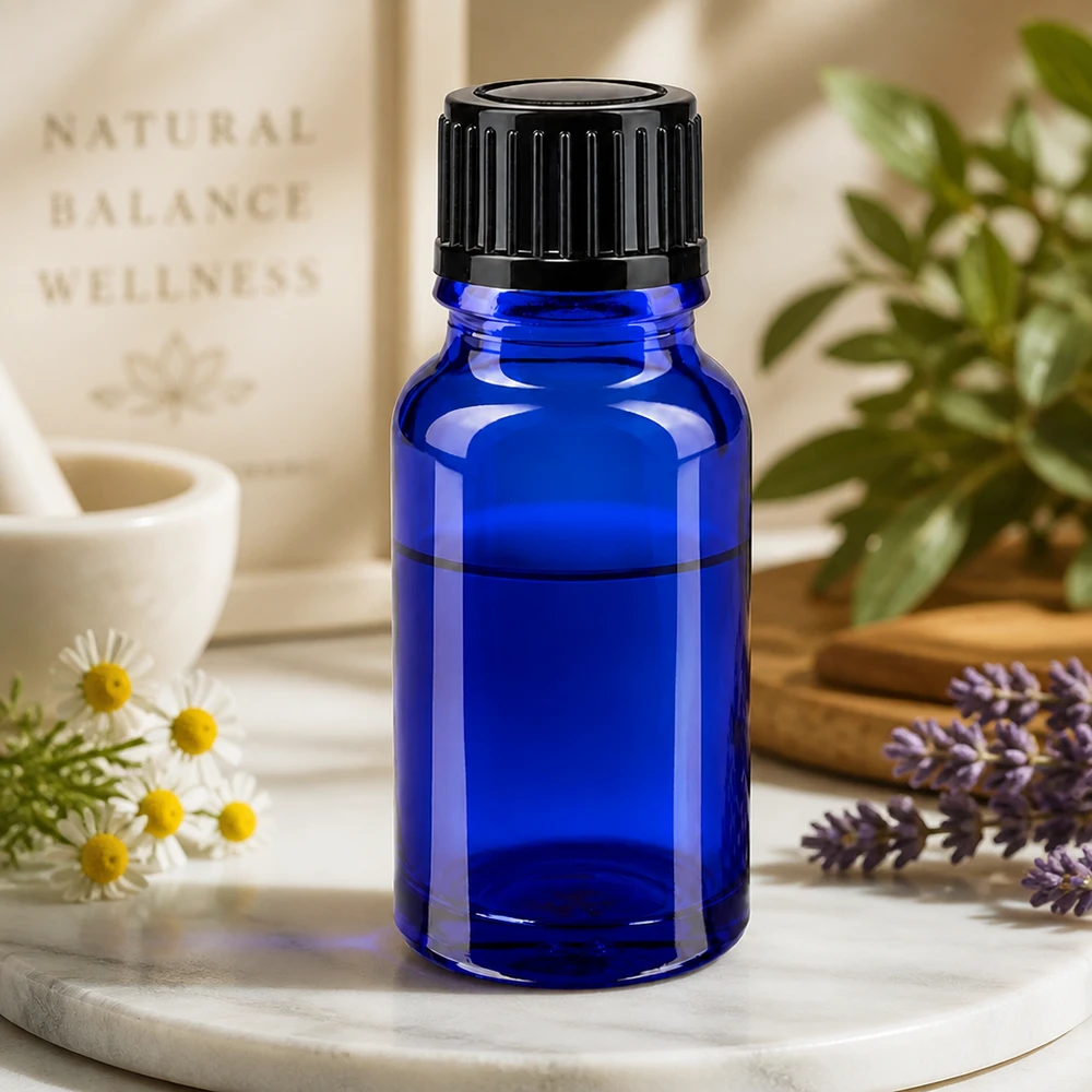 Blaues Fläschchen 10ml aus hochwertigem Glas mit Tropfverschluss für Heilkräuteröle