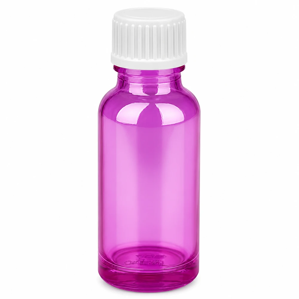20ml Tropfflasche 0.9mm weiss Standard PurpleLine. UT18/20 Tropfflasche aus durchsichtigem lila Glas 20ml mit weißem Schraubverschluss