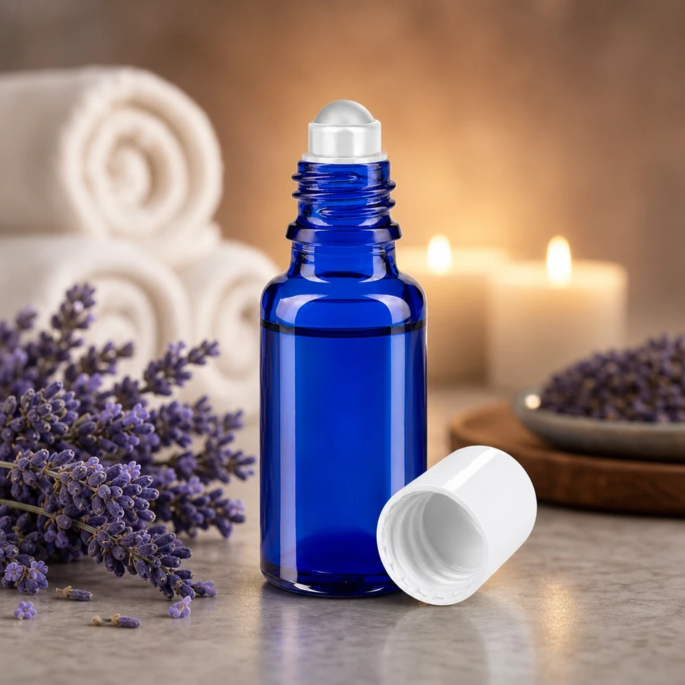 Apothekenflasche blau 20ml Roll-On Verschluss weiß Roll-On Flasche 20ml Kobaltblau mit weißem Schraubverschluss in Spa-Ambiente
