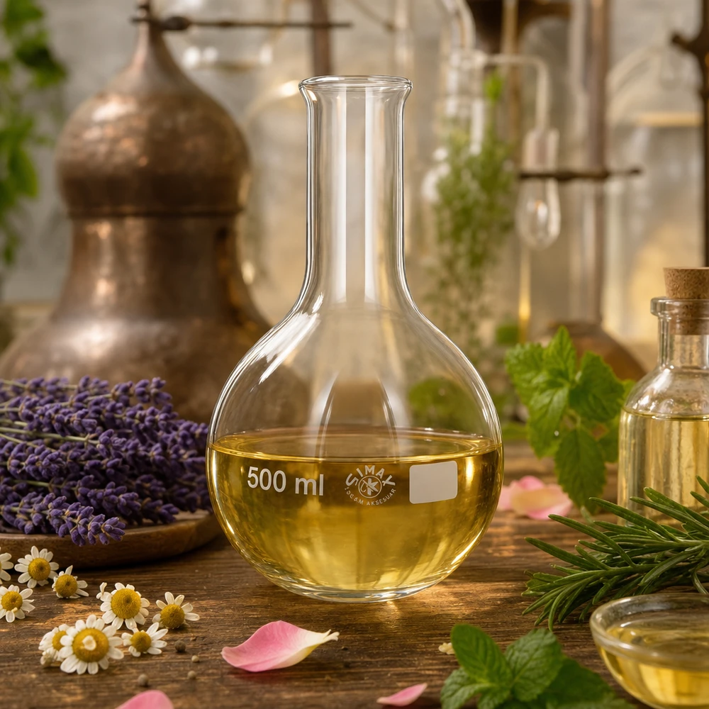 Stehkolben 500ml Enghals Stehkolben 500ml Enghals umgeben von Lavendel Kamille und natürlichen Heilpflanzen