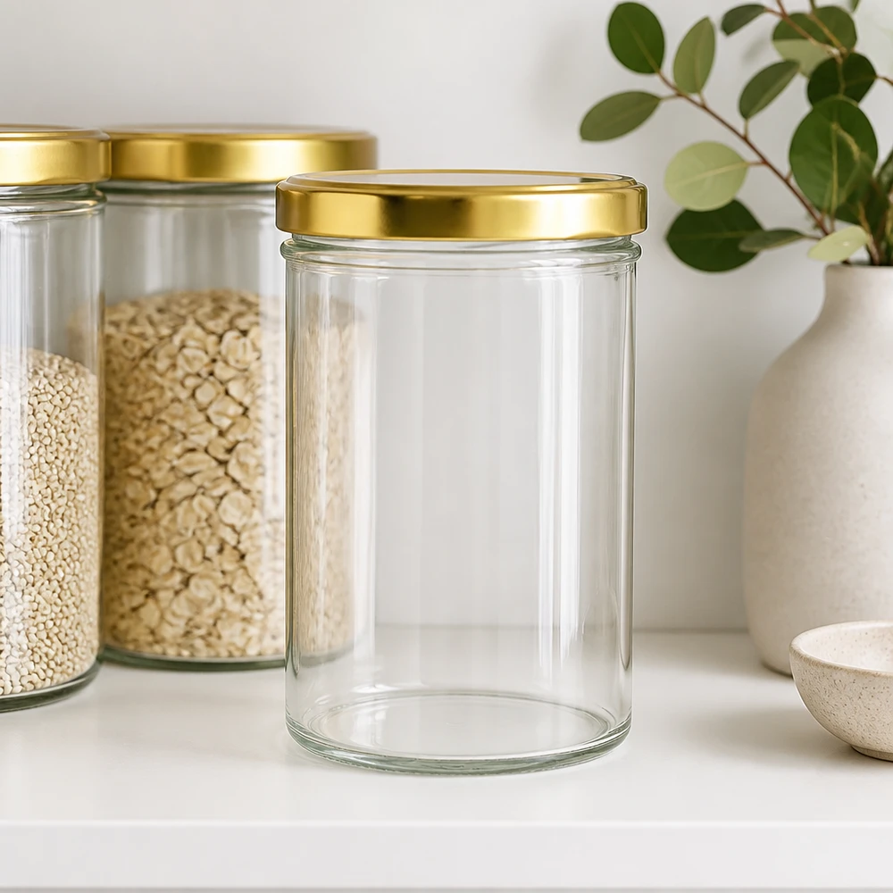 435ml Sturzglas mit BasicSeal Deckel gold UNiTWIST Leeres 435ml Sturzglas UNiTWIST mit goldenem BasicSeal Deckel neben befüllten Vorratsgläsern in moderner Küche