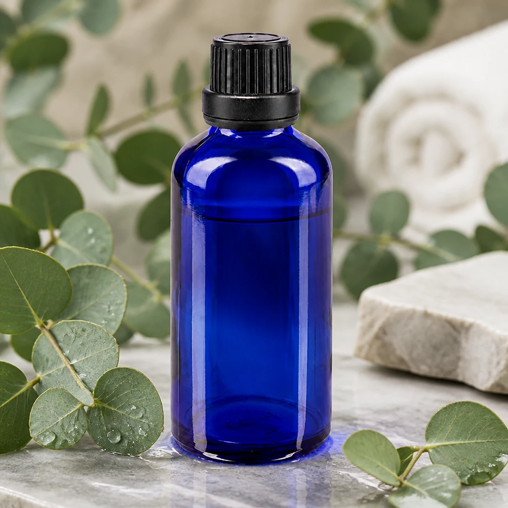 Apothekenflasche blau 50ml Schraubverschluss schwarz Dichteinlage Originalitätsverschluss 50ml blaue Glasflasche mit schwarzem Originalverschluss 11mm auf Marmor mit Eukalyptus