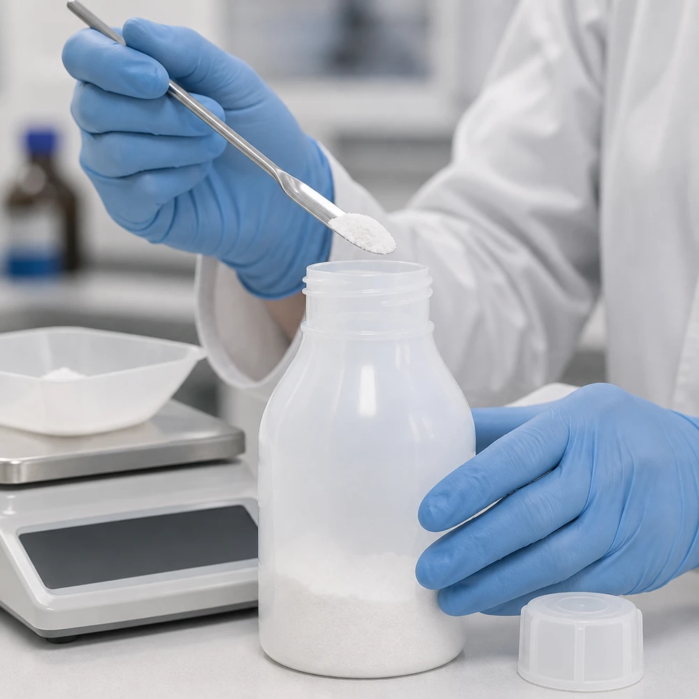 Pulverabfüllung in kompakte 30ml HDPE Laborflasche mit weißem Schraubdeckel im Labor
