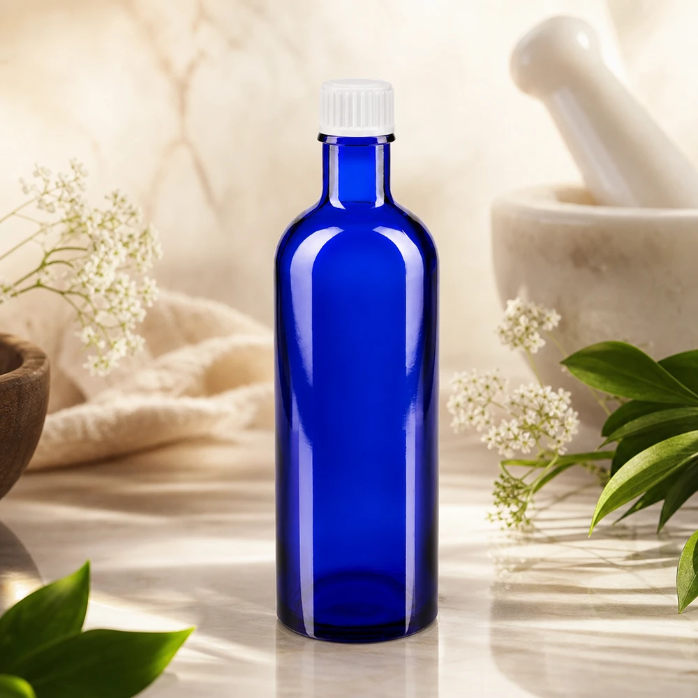 Apothekenflasche blau 200ml Schraubverschluss weiß Standard Kobaltblaue Medizinflasche 200ml Schraubverschluss weiß für Naturheilmittel und Tinkturen