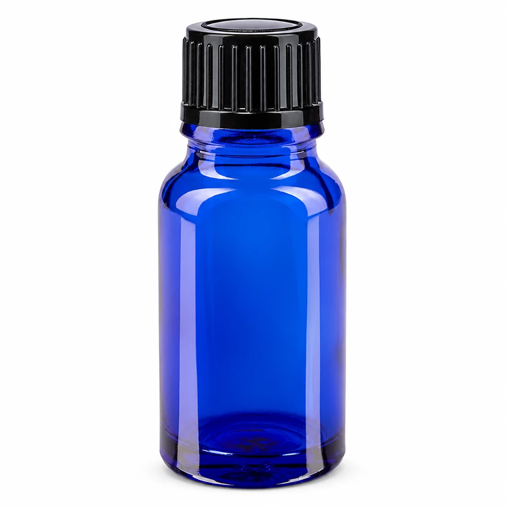 Apothekenflasche blau 10ml Schraubverschluss schwarz Standard Kobaltblaue 10ml Glasflasche mit schwarzem Kindersicherheitsverschluss für Apotheken