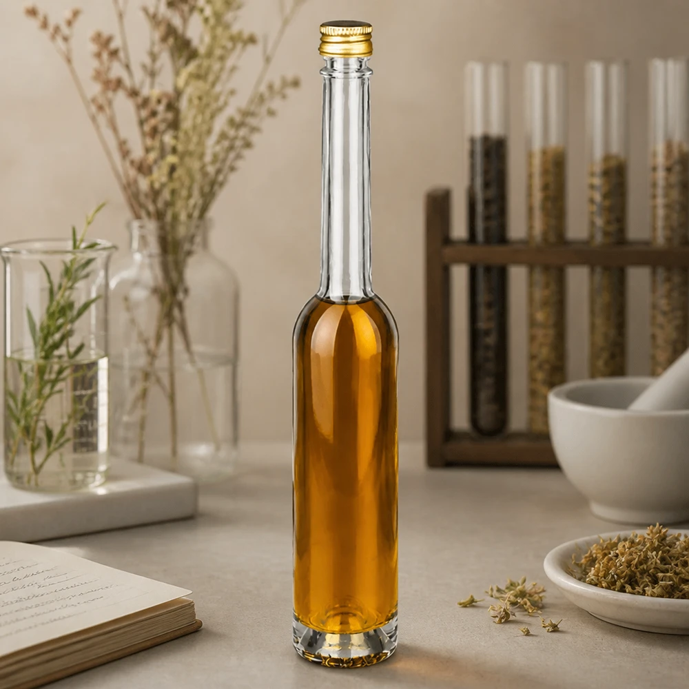 100ml Glasflasche "Toni" mit Schraubverschluss gold UNiTWIST 100ml Glasflasche Toni mit bernsteinfarbener Flüssigkeit - UNiTWIST Goldverschluss in natürlicher Apotheker-Atmosphäre