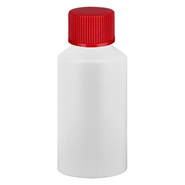 Apothekenflasche HDPE 50ml weiß, mit rotem Schraubverschluss Apothekenflasche HDPE 50ml weiß, mit rotem Schraubverschluss