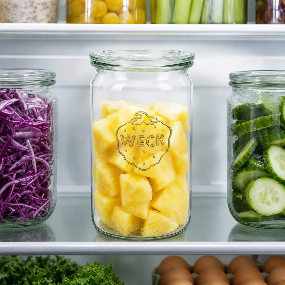 WECK 340ml Zylinderglas RR60 im Kühlschrank mit Ananas gefüllt neben Rotkohl und Gurken für Meal Prep Organisation