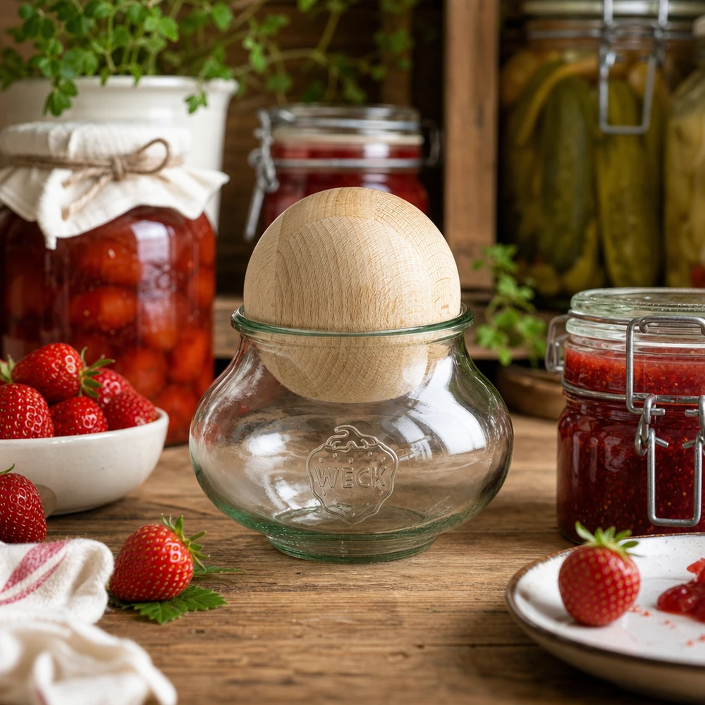 WECK Schmuckglas RR100 1062ml mit Buchenholzkugel in rustikaler Küche zwischen Marmeladengläsern und Erdbeeren
