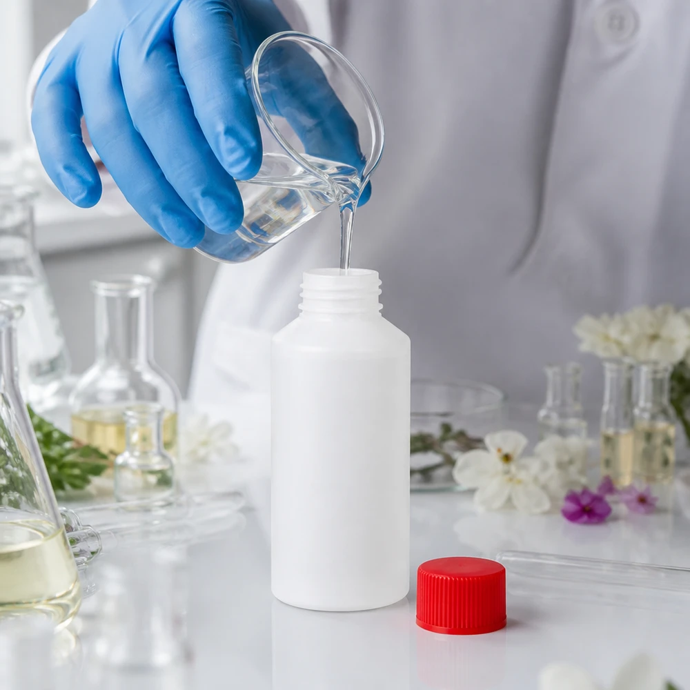 Apothekenflasche HDPE 50ml weiß, mit rotem Schraubverschluss Zylindrische weiße HDPE-Apothekenflasche 50ml mit geriffeltem roten Verschluss in Laborumgebung