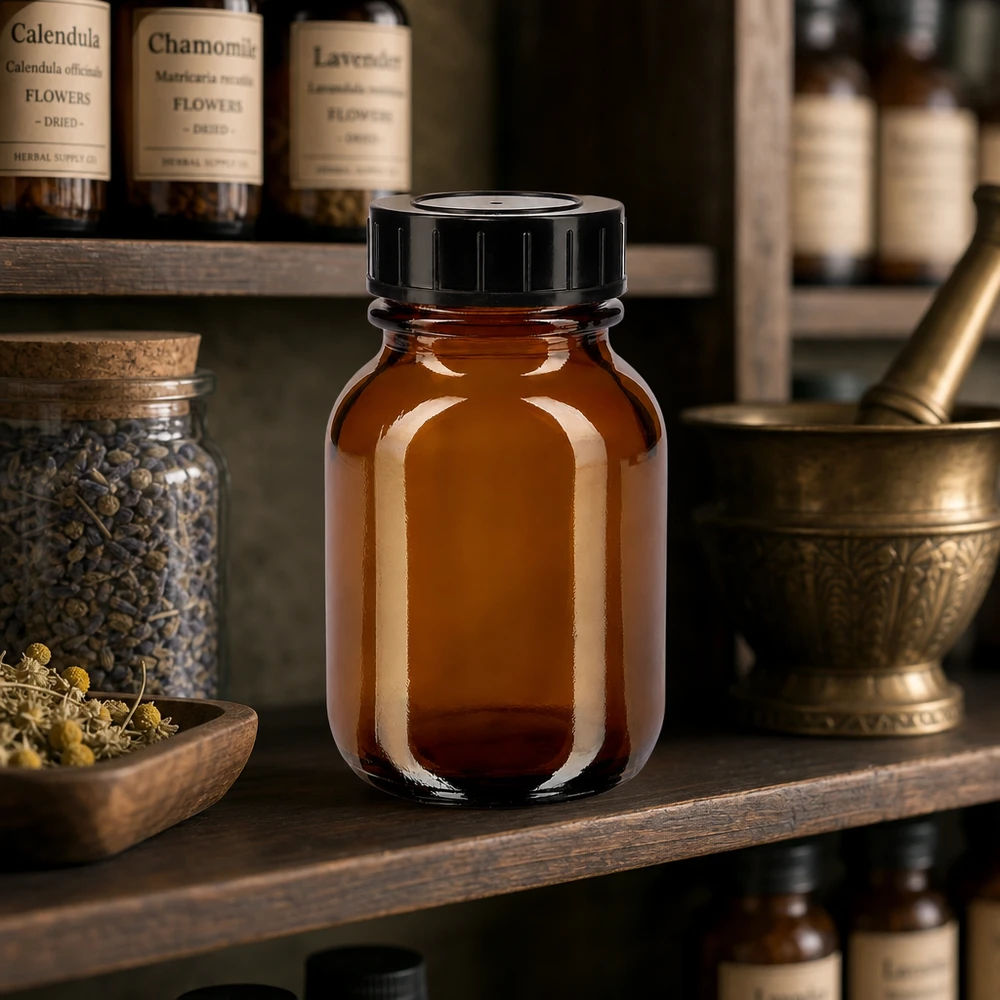 50ml Apothekerbraune Weithalsflasche mit schwarzem Schraubdeckel für professionelle Lagerung