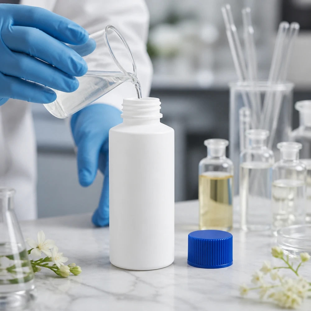 Kompakte Rundflasche HDPE weiß 30ml blauer Verschluss ideal für ätherische Öle und Tinkturen