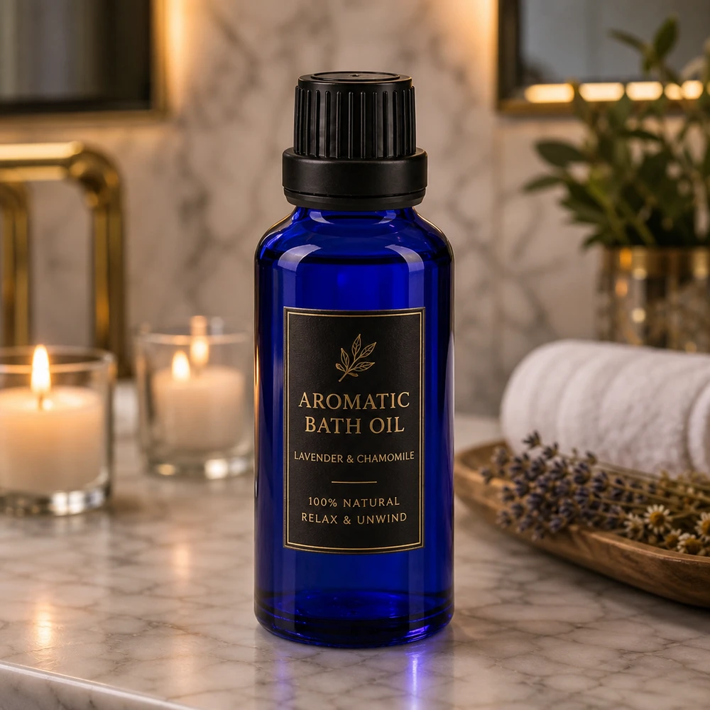 Blaue Glasflasche 30ml mit schwarzem Kindersicherheitsverschluss für aromatische Badeöle