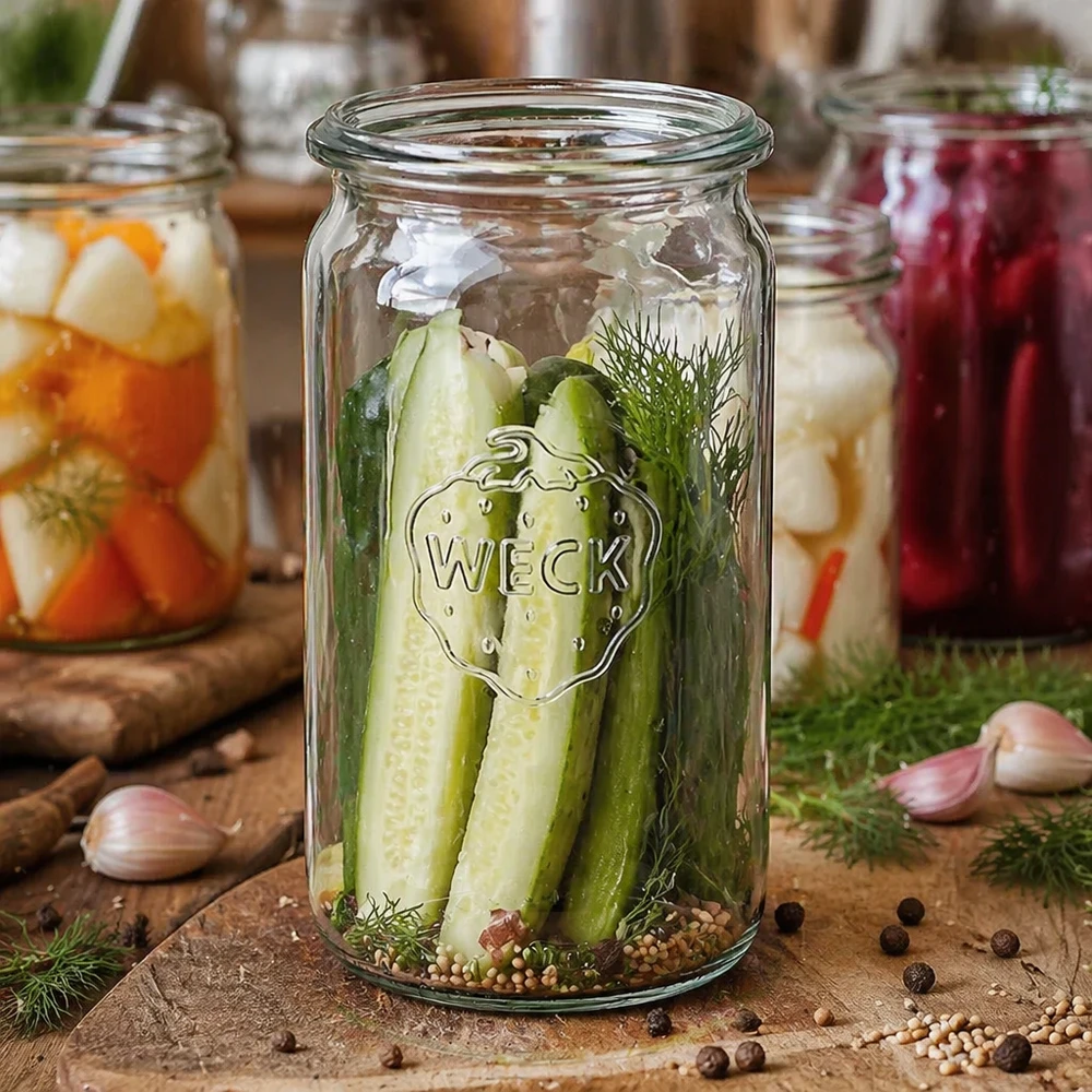 340ml Zylinderglas WECK RR60 WECK Zylinderglas 340ml RR60 mit eingelegten Gurken und Dill zeigt vielseitige Verwendung zum Einlegen von Gemüse