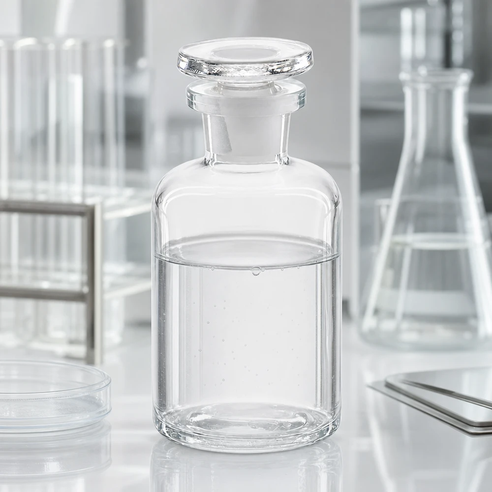 Apothekerflasche Enghals 50ml klar Rundschulter mit flachem Glasstopfen verschlossen