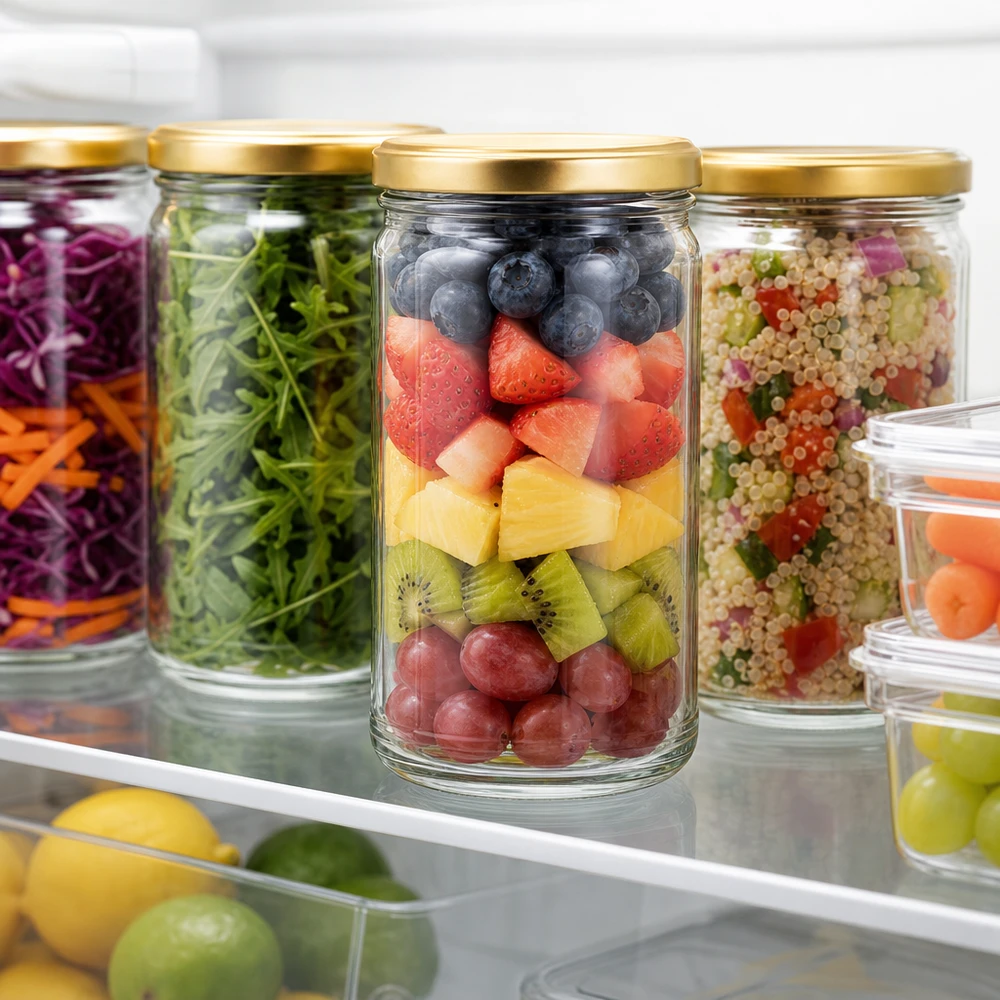 1053ml Sturzglas mit BasicSeal Deckel gold UNiTWIST 1053ml Sturzglas mit goldenem Deckel gefüllt mit Obst im Kühlschrank für Meal Prep und Lebensmittelaufbewahrung