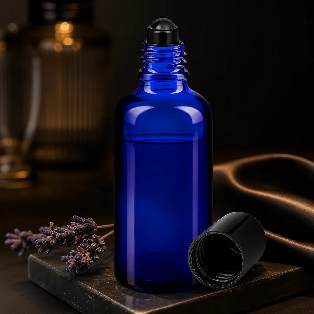 Apothekenflasche blau 50ml Roll-On Verschluss schwarz Blaue Rollerflasche 50ml Apothekerglas mit abgeschraubtem schwarzen Deckel auf dunkler Steinunterlage
